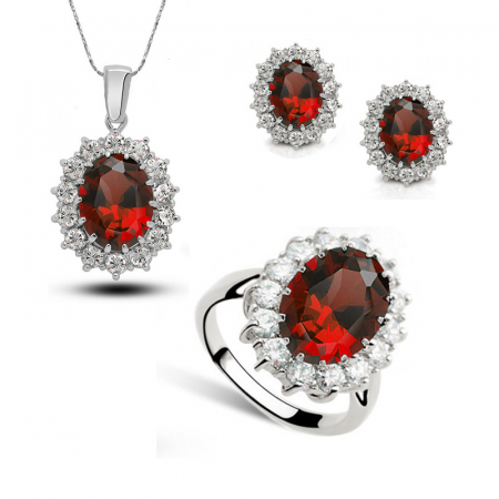 Bijuterii dama - Set bijuterii dama, lantisor cu pandantiv, cercei si inel marime 7, cristale zirconiu cu efect de Sapphire, placat cu aur alb 18K, Tessero, rosu