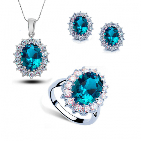Bijuterii dama - Set bijuterii dama, lantisor cu pandantiv, cercei si inel marime 7, cristale zirconiu cu efect de Sapphire, placat cu aur alb 18K, Tessero, turcoaz