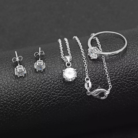 Set bijuterii dama, lantisor cu pandantiv, cercei si inel marime 7, pietre zirconiu, placat cu aur alb 18K, Tessero, argintiu [1]