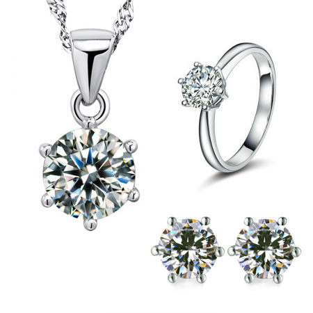 Set bijuterii dama, lantisor cu pandantiv, cercei si inel marime 7, pietre zirconiu, placat cu aur alb 18K, Tessero, argintiu [2]