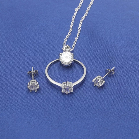 Bijuterii dama - Set bijuterii dama, lantisor cu pandantiv, cercei si inel marime 7, pietre zirconiu, placat cu aur alb 18K, Tessero, argintiu