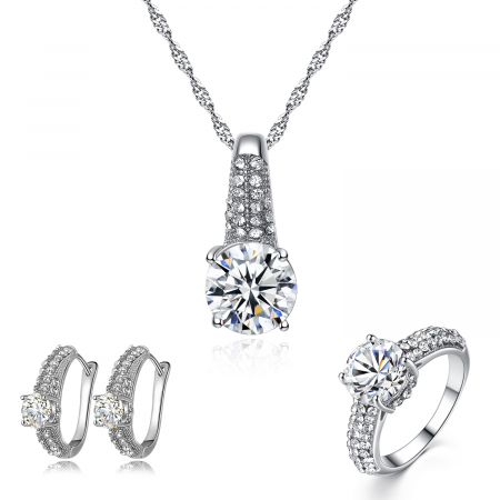 Bijuterii dama - Set bijuterii dama, lantisor cu pandantiv, cercei si inel, pietre zirconiu, placat cu aur alb 18K, argintiu