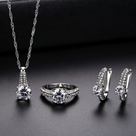 Set bijuterii dama, lantisor cu pandantiv, cercei si inel, pietre zirconiu, placat cu aur alb 18K, argintiu [1]
