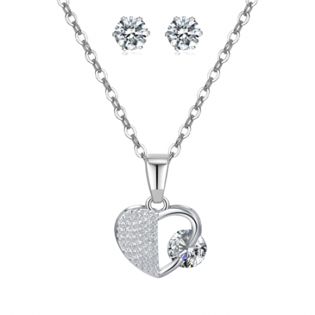 Set bijuterii dama, lantisor cu pandantiv in forma de inima si cercei, pietre zirconiu, placat cu aur alb 18K, Tessero, argintiu [3]