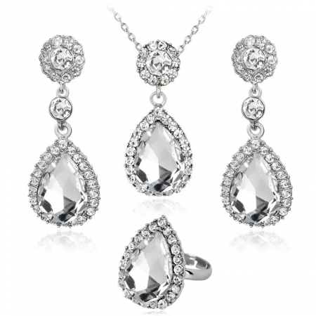 Bijuterii dama - Set bijuterii dama, lantisor cu pandantiv, inel si cercei, cristale zirconiu cu efect de cristal Sapphire, placat cu aur alb 18K, Tessero, argintiu