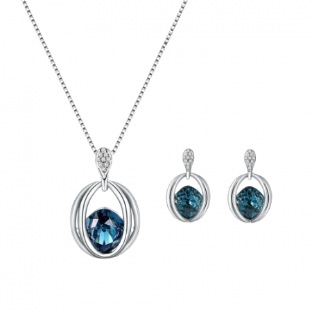 Bijuterii dama - Set bijuterii dama, lantisor cu pandantiv si cercei, cristale zirconiu cu efect de cristal Sapphire, placat cu aur alb 18K, Tessero, argintiu si albastru