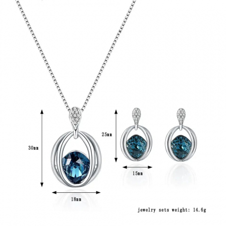 Set bijuterii dama, lantisor cu pandantiv si cercei, cristale zirconiu cu efect de cristal Sapphire, placat cu aur alb 18K, Tessero, argintiu si albastru [2]