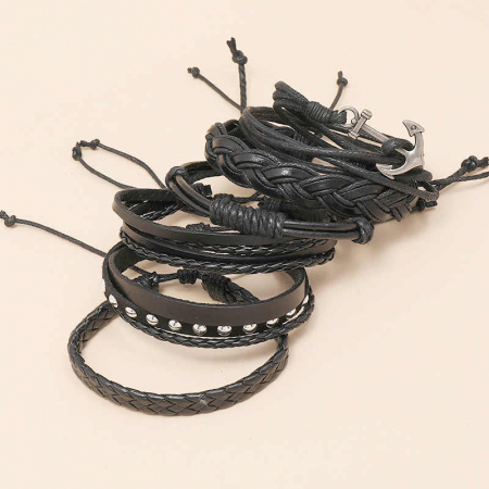 Set Bratara, 6 piese, piele naturala calitativa, cu multiple straturi, inchidere ajustabila, piele impletita, neagra cu ancora [3]