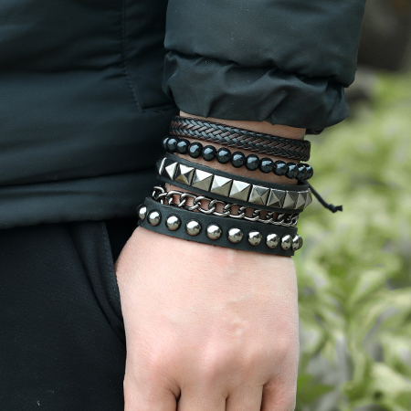 Bijuterii barbati - Set bratari din piele naturala si piatra semipretioasa, model Punk, marime reglabila, Tessero, negru