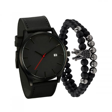 Ceasuri barbatesti - Set cadou de Ceas analog si doua bratari model coroana cu pietre zirconiu, mecanism quartz, curea din piele naturala, cronograf, negru, Tessero