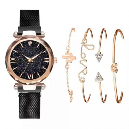 Ceasuri dama - Set cadou de Ceas analog si patru bratari de dama, pietre zirconiu, placat cu aur 18K, mecanism quartz, curea din otel inoxidabil, Tessero, negru