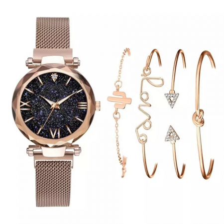 Ceasuri dama - Set cadou de Ceas analog si patru bratari de dama, pietre zirconiu, placat cu aur 18K, mecanism quartz, curea din otel inoxidabil, Tessero, rose gold