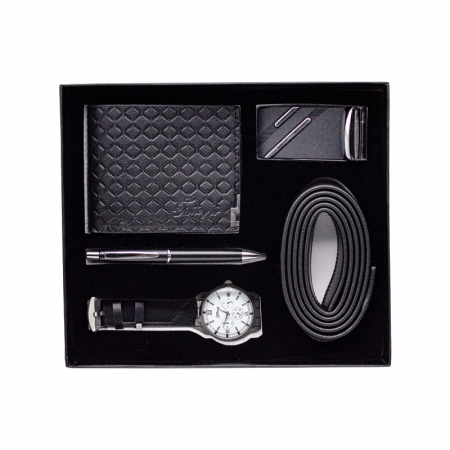 Cadouri personalizate - Set cadou pentru barbati cu ceas analog, curea cu catarama si portofel din piele naturala, pix, 4 piese, mecanism quartz, cronograf, Tessero, cutie, negru
