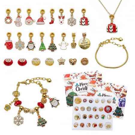Bijuterii dama - Set Calendar Advent DIY cu tematica de Craciun, lantisor si bratara cu charm-uri, placate cu aur 18K, pietre zirconiu, marime reglabila, Tessero, auriu