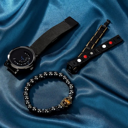 Set Ceas analog cu afisaj circular si doua bratari, model in forma de coroana, bratara magnetica terapeutica, mecanism quartz, cronograf, negru, Tessero [2]