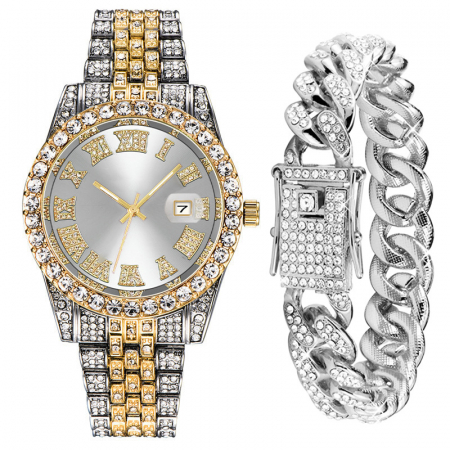 Ceasuri barbatesti - Set Ceas analog Iced out, bratara Cuban Chain, mecanism quartz, insertii zirconiu, cifre romane, placat cu aur 18K, argintiu