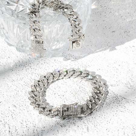 Set Ceas analog Iced out, bratara Cuban Chain, mecanism quartz, insertii zirconiu, cifre romane, placat cu aur 18K, argintiu [1]