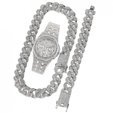 Ceasuri barbatesti - Set Ceas analog Iced out, bratara si lant Cuban Chain, 19mm, mecanism quartz, insertii zirconiu, cifre romane, placat cu aur 18K, argintiu