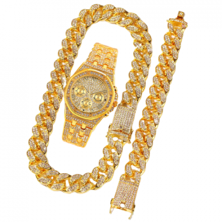 Ceasuri barbatesti - Set Ceas analog Iced out, bratara si lant Cuban Chain, 19mm, mecanism quartz, insertii zirconiu, cifre romane, placat cu aur 18K, auriu