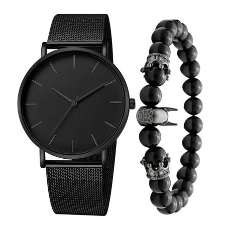 Ceasuri barbatesti - Set ceas analog simplist si bratara model cu Batman si coroana din pietre naturale, mecanism quartz, negru, Tessero