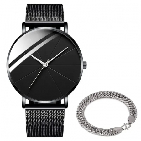 Ceasuri barbatesti - Set ceas analog simplist si bratara model tip Cuban Chain din otel inoxidabil, mecanism quartz, negru, Tessero