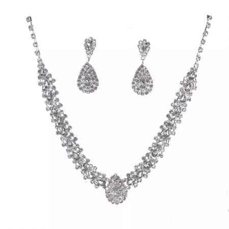 Set colier si pereche cercei rain drop de dama, model elegant pentru ocazie speciala, pietre zirconiu, placat cu aur alb 18K, argintiu [3]