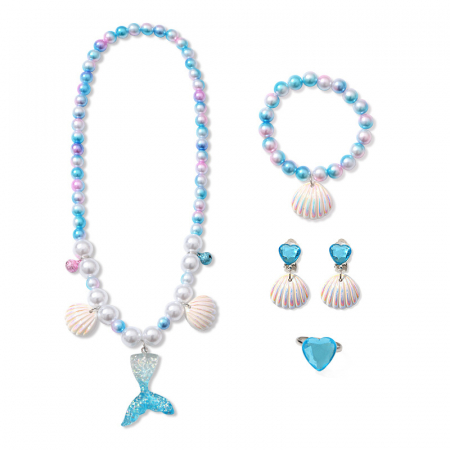 Set complet bijuterii fetite, colier, bratara, cercei si inel, model cu coada de sirena si scoici, Tessero, albastru [1]