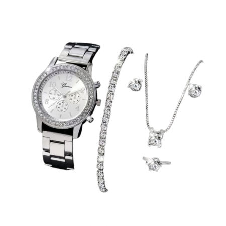 Ceasuri dama - Set complet ceas de dama cronograf si bijuterii, bratara Tennis, cercei, colier cu pandantiv, inel, mecanism quartz, placat cu aur 18K, pietre zirconiu, argintiu, Tessero