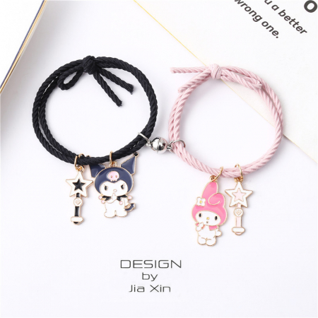 Bijuterii dama - Set complet de bratari tip snur si lantisoare cu magnet pentru prieteni, lucrate manual, 4 piese, charm-uri animate cu pisicuta si iepuras, Best friends, marime reglabila, roz si negru