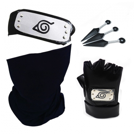 Masti si costume copii - Set complet Naruto Konoha, kit format din masca, manusa, bandana, cutite Shinobi din plastic, negru