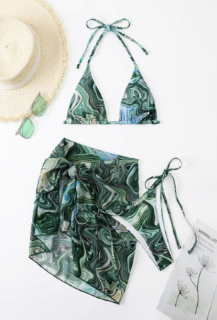 Costume de baie dama - Set costum de baie dama, format din 3 piese, model cu imprimeu geometric, sutien cu push-up, prindere cu snur, slip brazilian, Tessero, marime L INTL, verde