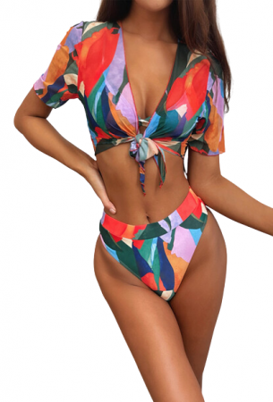 Costume de baie dama - Set costum de baie dama format din 3 piese, model geometric, bluza cu maneci, sutien cu push-up, slip cu talie inalta, Tessero, marime L INTL, multicolor