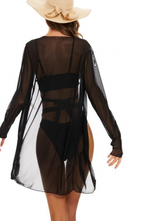Set costum de baie dama, format din 3 piese, rochie de plaja tip caftan, prindere cu snur, slip brazilian, sutien cu push-up, Tessero, marime M INTL, negru [3]