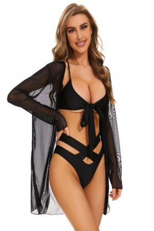 Costume de baie dama - Set costum de baie dama, format din 3 piese, rochie de plaja tip caftan, prindere cu snur, slip brazilian, sutien cu push-up, Tessero, marime S INTL, negru