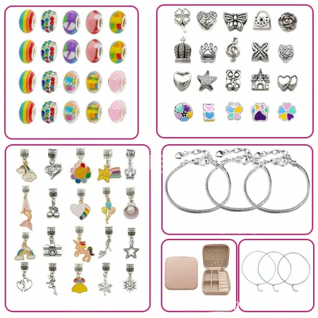 Set cutie de bijuterii cu trei bratari si trei lantisoare DIY cu diferite modele de charm-uri, marime reglabila, placat cu argint, 66 de piese, Tessero, argintiu si roz [1]
