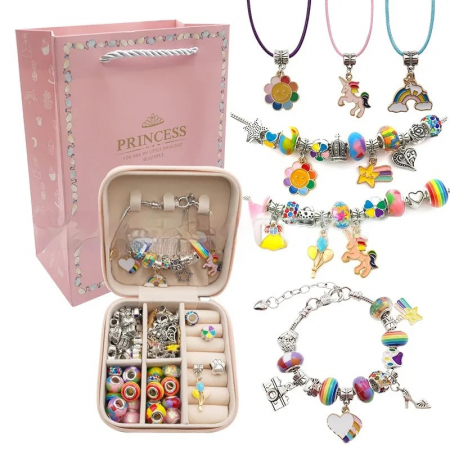 Set cutie de bijuterii cu trei bratari si trei lantisoare DIY cu diferite modele de charm-uri, marime reglabila, placat cu argint, 66 de piese, Tessero, argintiu si roz [3]