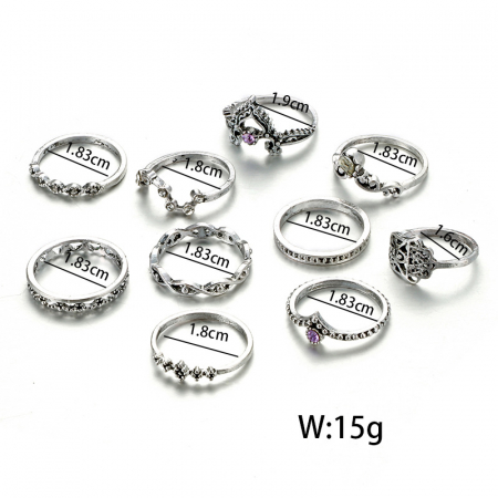 Bijuterii dama - Set de 10 inele de dama, placate cu argint, diferite modele, argintiu, Tessero