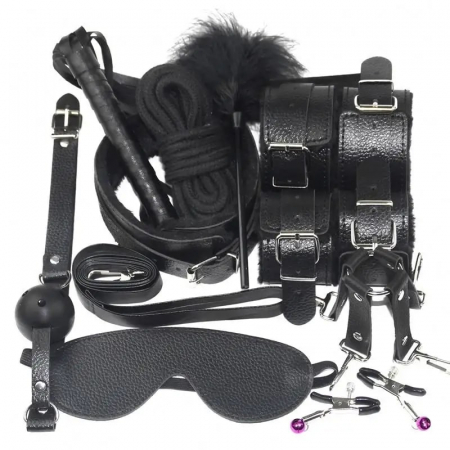 Seturi si accesorii BDSM - Set de 10 jucarii pentru adulti si hamuri din piele ecologica, bondage, BDSM, calus, bici, catuse, zgarda, franghie, masca pentru ochi, pana pentru gadilat, Tessero, negru