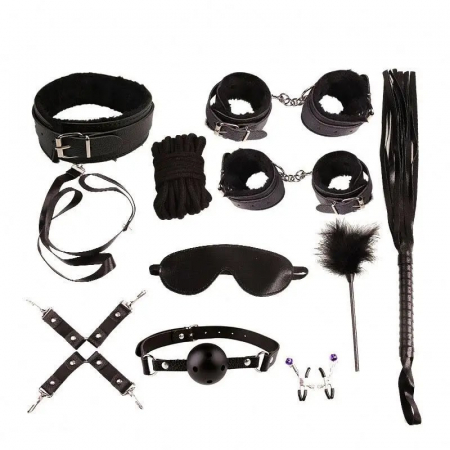 Set de 10 jucarii pentru adulti si hamuri din piele ecologica, bondage, BDSM, calus, bici, catuse, zgarda, franghie, masca pentru ochi, pana pentru gadilat, Tessero, negru [1]