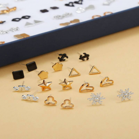 Bijuterii dama - Set de 100 perechi de cercei, tip stud, diferite modele, placate cu aur 18K, Tessero, auriu, argintiu si negru