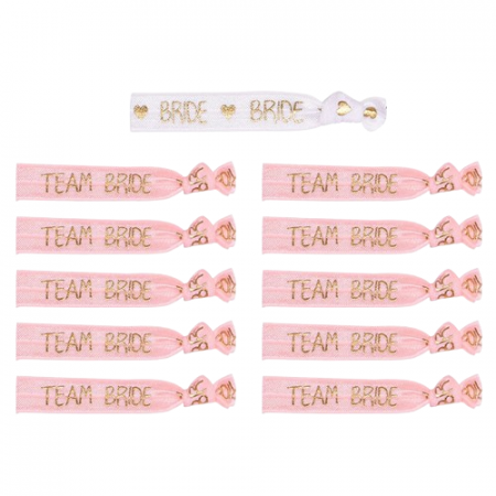 Bijuterii dama - Set de 11 bratari pentur petrecerea burlacitelor, team bride, marime reglabila, Tessero, alb si roz