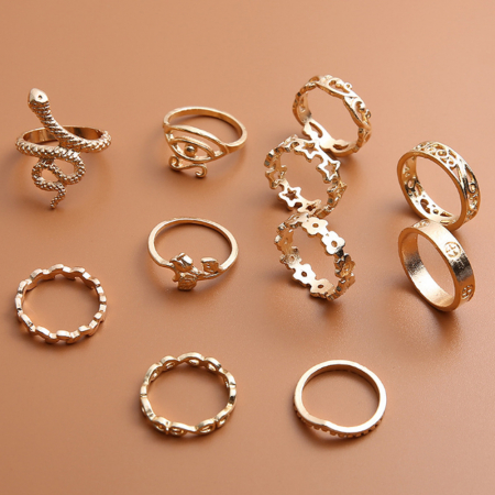 Set de 11 inele de dama pentru mana, diferite modele retro, placate cu aur 14K, Tessero, auriu [3]