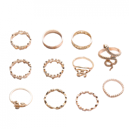 Bijuterii dama - Set de 11 inele de dama pentru mana, diferite modele retro, placate cu aur 14K, Tessero, auriu