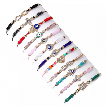 Bijuterii dama - Set de 12 bratari cu charmuri cu simboluri, diferite modele, evil eye, hamsa, pietre zirconiu, marime reglabila pe snur, Tessero, multicolor