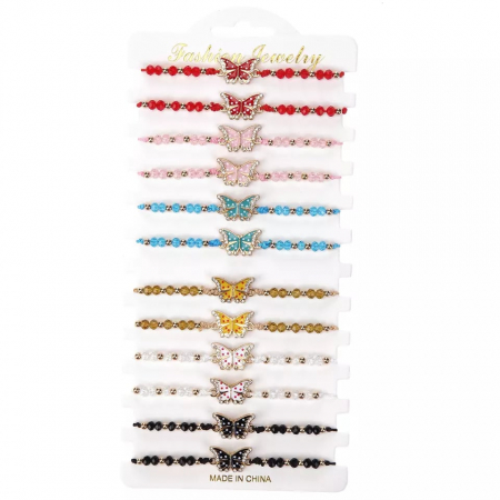 Bijuterii dama - Set de 12 bratari cu charmuri in forma de fluturi, diferite modele, marime reglabila pe snur, Tessero, multicolor
