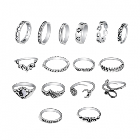 Set de 16 inele de dama, placate cu argint, diferite modele Vintage, Yin si Yang, sarpe incolacit, Cuban Chain, stelute, marime universala, Tessero, argintiu [2]