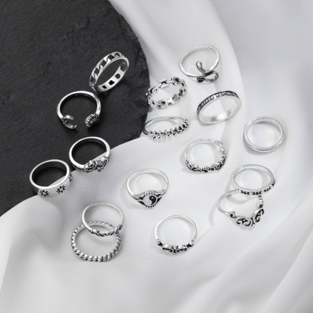 Bijuterii dama - Set de 16 inele de dama, placate cu argint, diferite modele Vintage, Yin si Yang, sarpe incolacit, Cuban Chain, stelute, marime universala, Tessero, argintiu