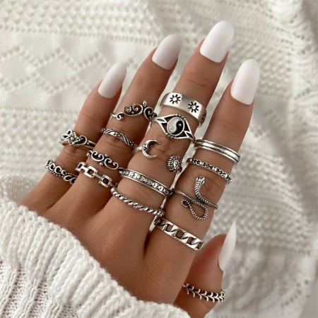 Set de 16 inele de dama, placate cu argint, diferite modele Vintage, Yin si Yang, sarpe incolacit, Cuban Chain, stelute, marime universala, Tessero, argintiu [1]