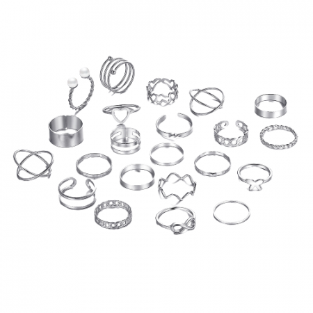 Bijuterii dama - Set de 22 de inele de dama, placate cu aur 18K, diferite modele cu fluturi, inimioare si perle, Tessero, argintiu