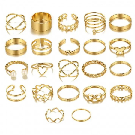 Bijuterii dama - Set de 22 de inele de dama, placate cu aur 18K, diferite modele cu fluturi, inimioare si perle, Tessero, auriu